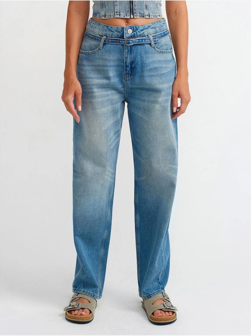 Jean Femme Taille Haute Coupe Ballon Jambe Large Bleu roi - Kiabi