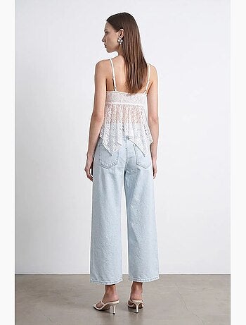 Jean femme taille haute, jambe large, longueur capri, dentelle dilvin
