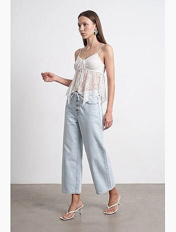 Jean femme taille haute, jambe large, longueur capri, dentelle dilvin