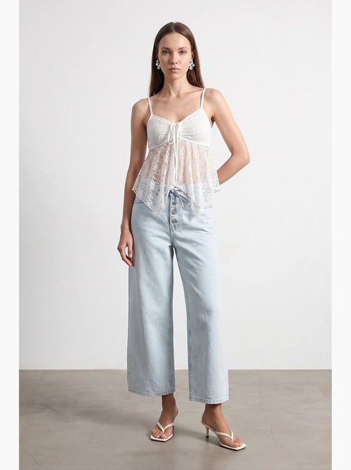 Jean femme taille haute, jambe large, longueur capri, dentelle dilvin - Kiabi