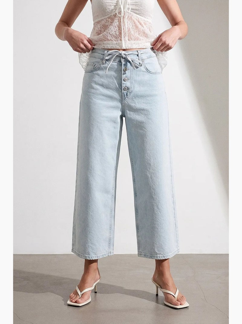 Jean femme taille haute, jambe large, longueur capri, dentelle dilvin Bleu clair - Kiabi