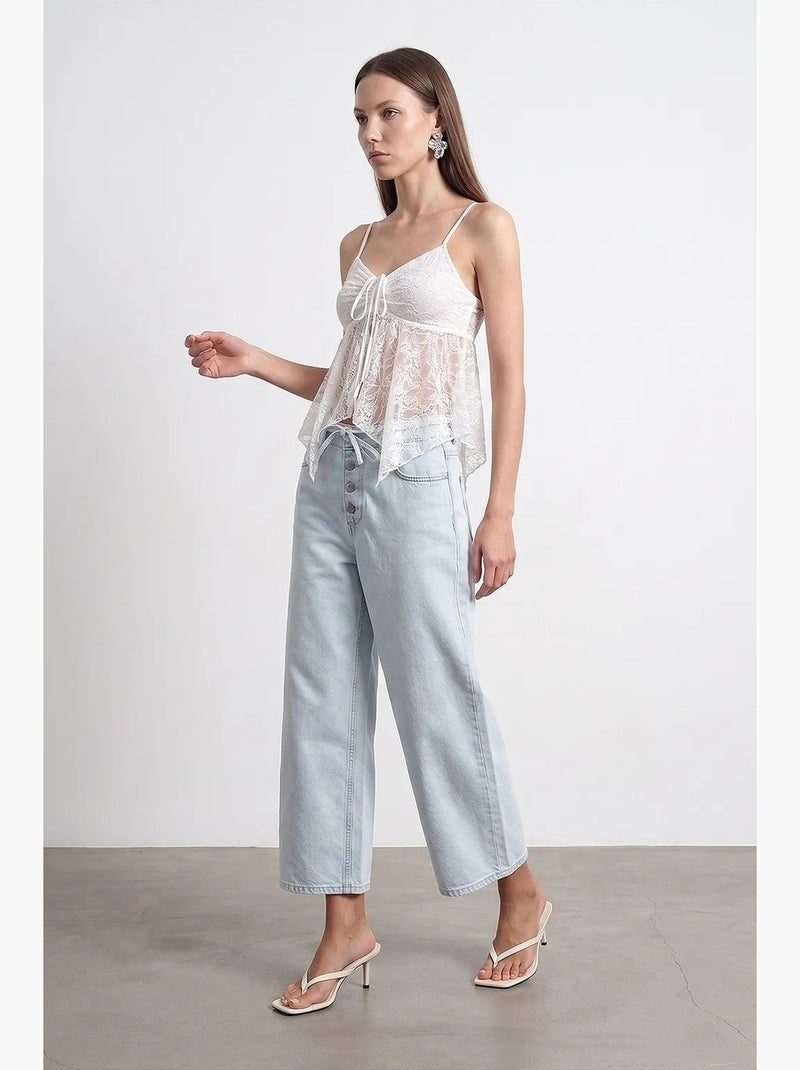Jean femme taille haute, jambe large, longueur capri, dentelle dilvin Bleu clair - Kiabi
