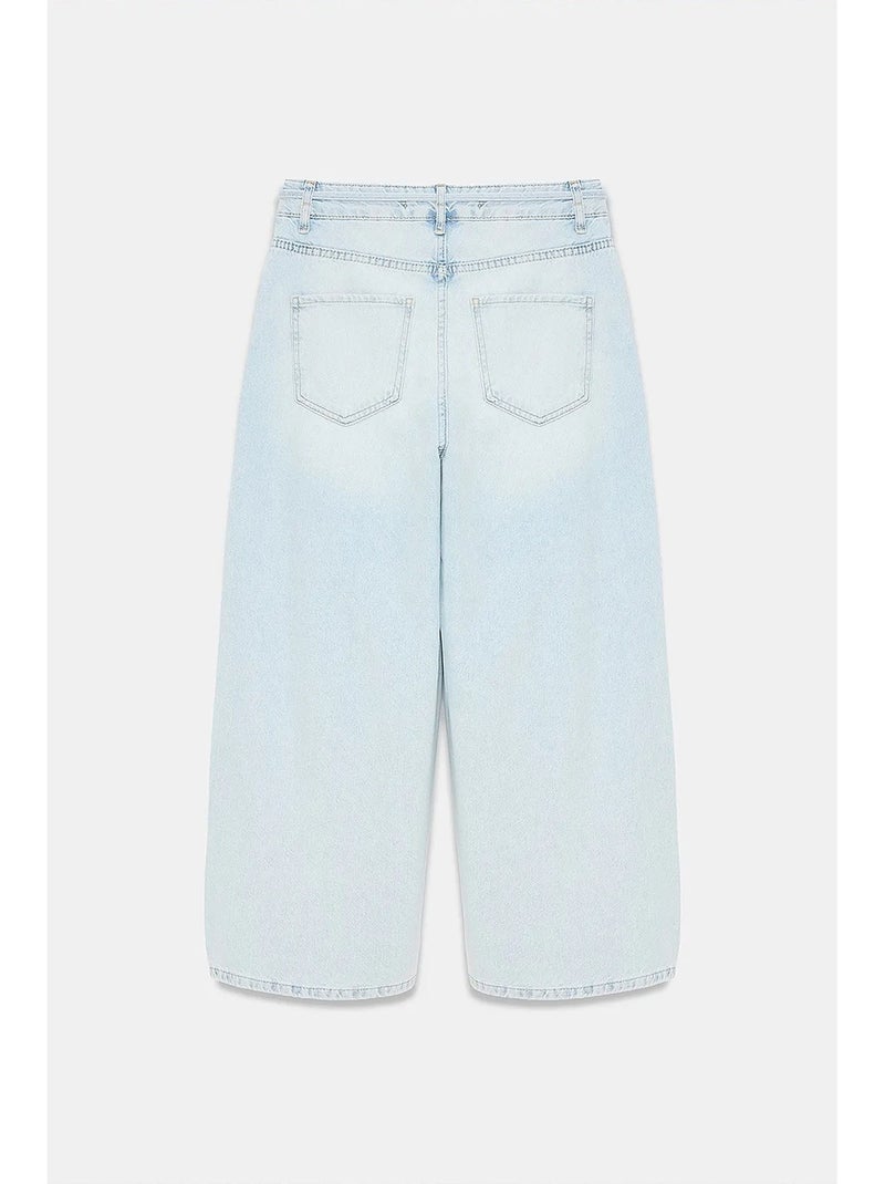 Jean femme taille haute, jambe large, longueur capri, dentelle dilvin Bleu clair - Kiabi