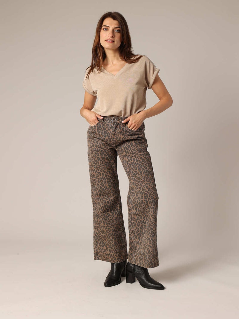 Jean flare 100% coton à motif léopard tendance 'Deeluxe' Marron cappuccino - Kiabi