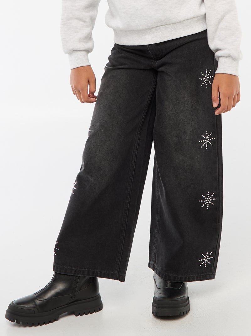 Jean large avec flocons à strass Gris - Kiabi