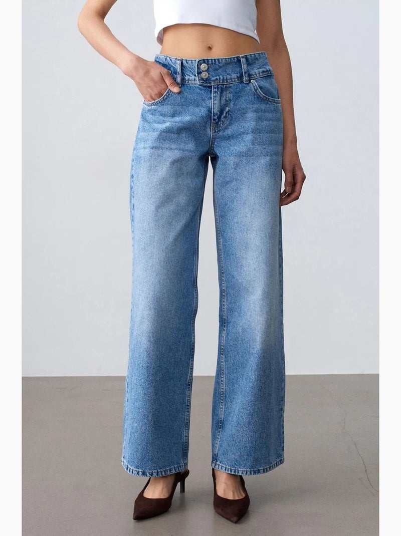 Jean large en coton à taille haute dilvin Bleu saphir - Kiabi