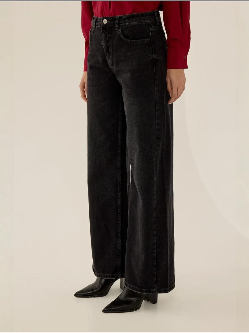 Jean large en denim à effet délavé et coutures apparentes Noir - Kiabi