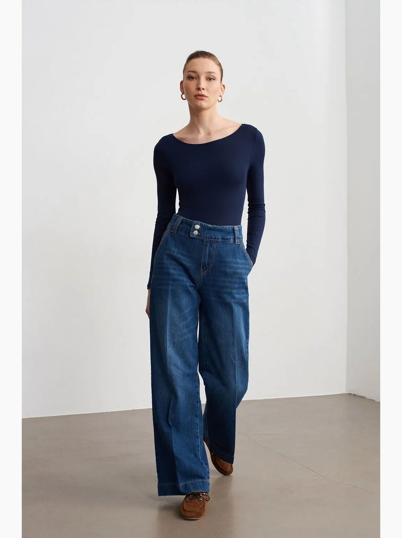 Jean large en denim de coton à taille haute dilvin Bleu saphir - Kiabi