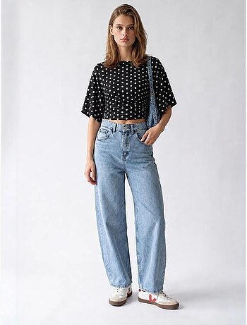 Jean large en denim de coton, taille haute mixray