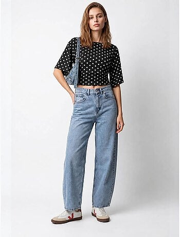 Jean large en denim de coton, taille haute mixray