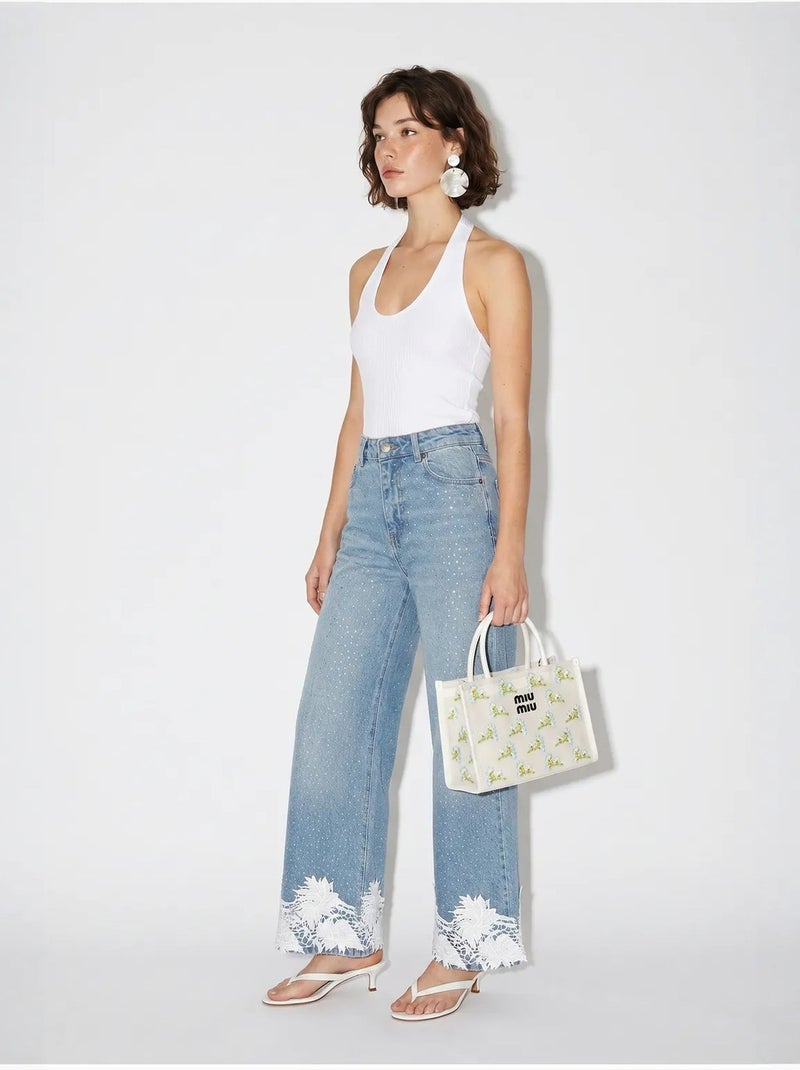 Jean large taille haute brodé lucci Bleu clair - Kiabi