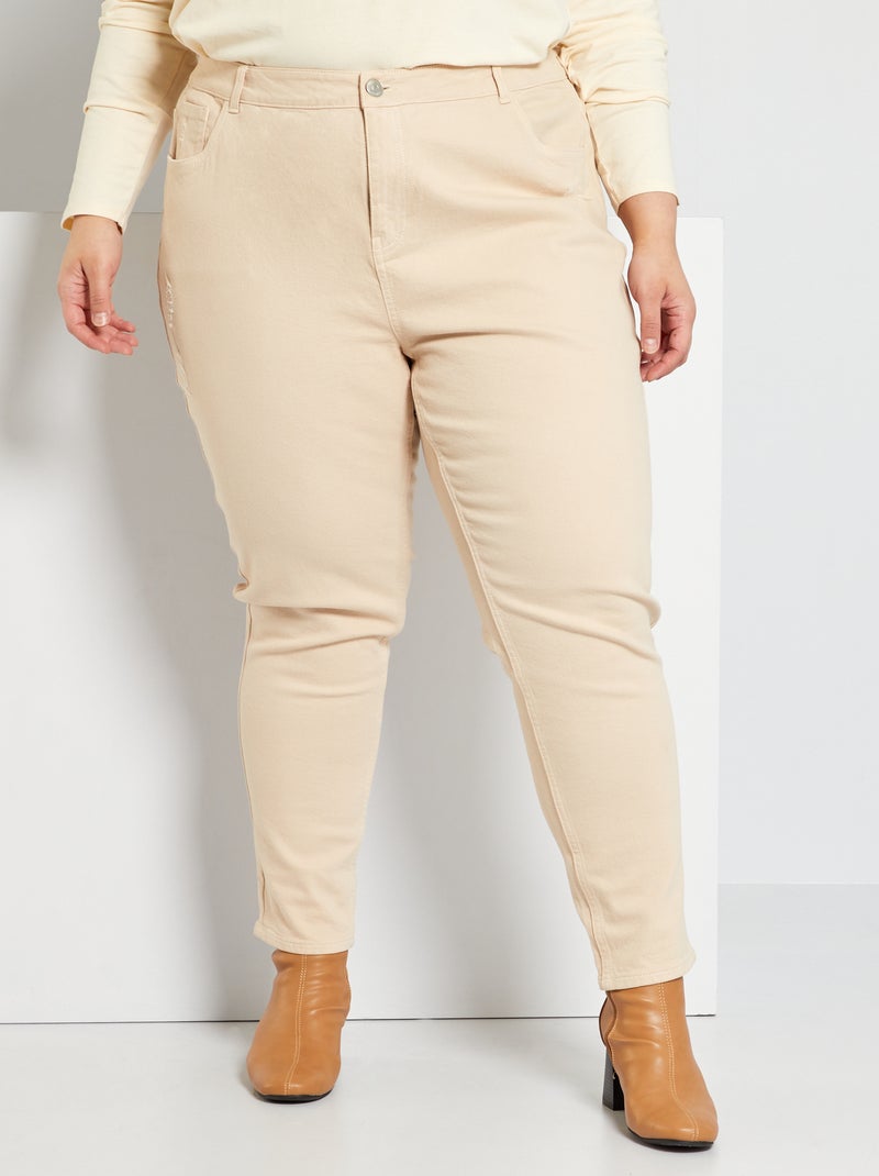 Jean mom effet troué beige - Kiabi