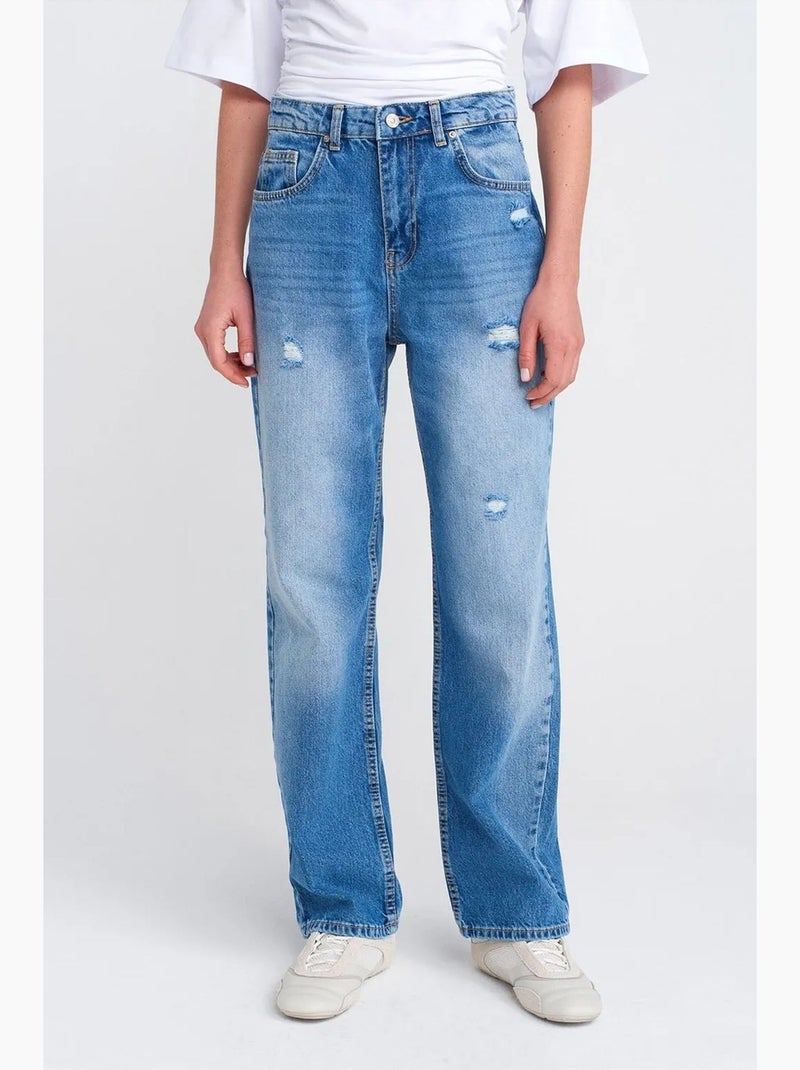 Jean mom taille haute à jambe large dilvin Bleu saphir - Kiabi