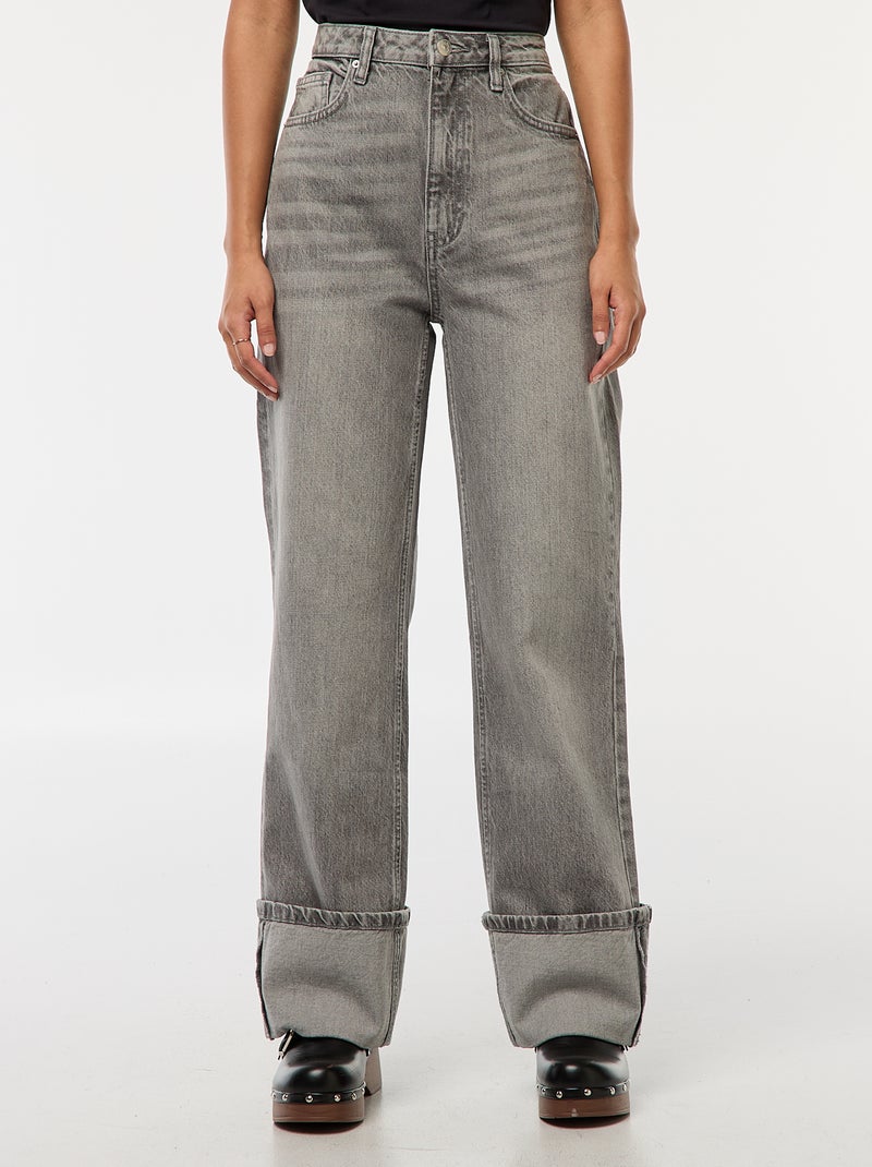 Jean regular / taille haute avec large revers à la base Gris - Kiabi