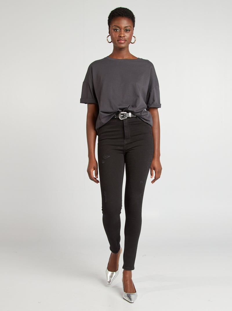 Jean slim taille haute avec abrasions fantaisies Noir - Kiabi