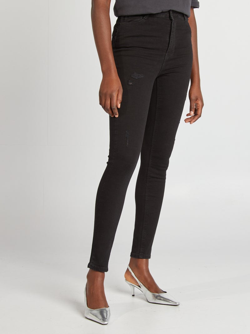 Jean slim taille haute avec abrasions fantaisies Noir - Kiabi