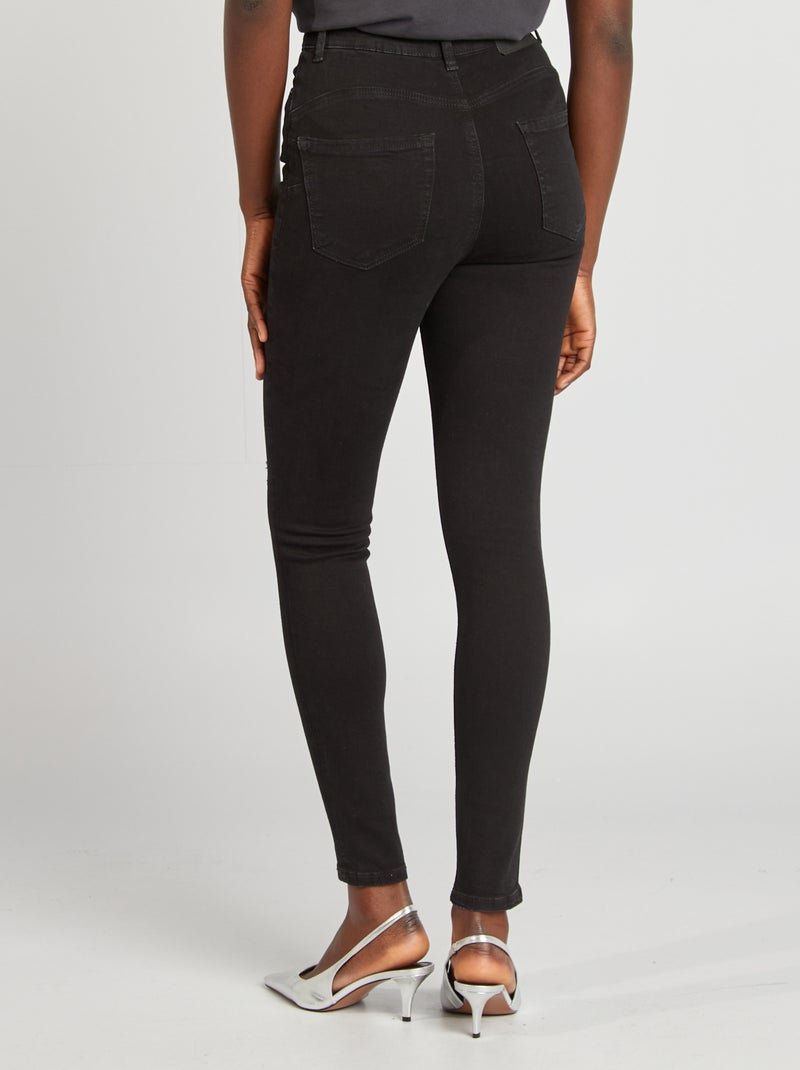 Jean slim taille haute avec abrasions fantaisies Noir - Kiabi