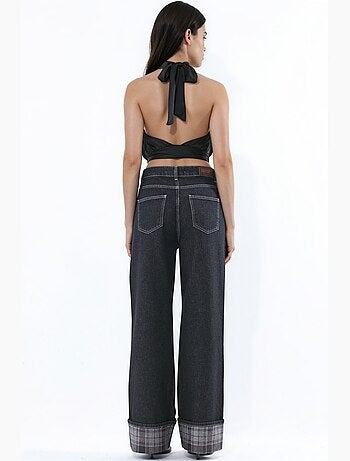 Jean taille haute à jambe large avec détail à carreaux à l’ourlet hiccup