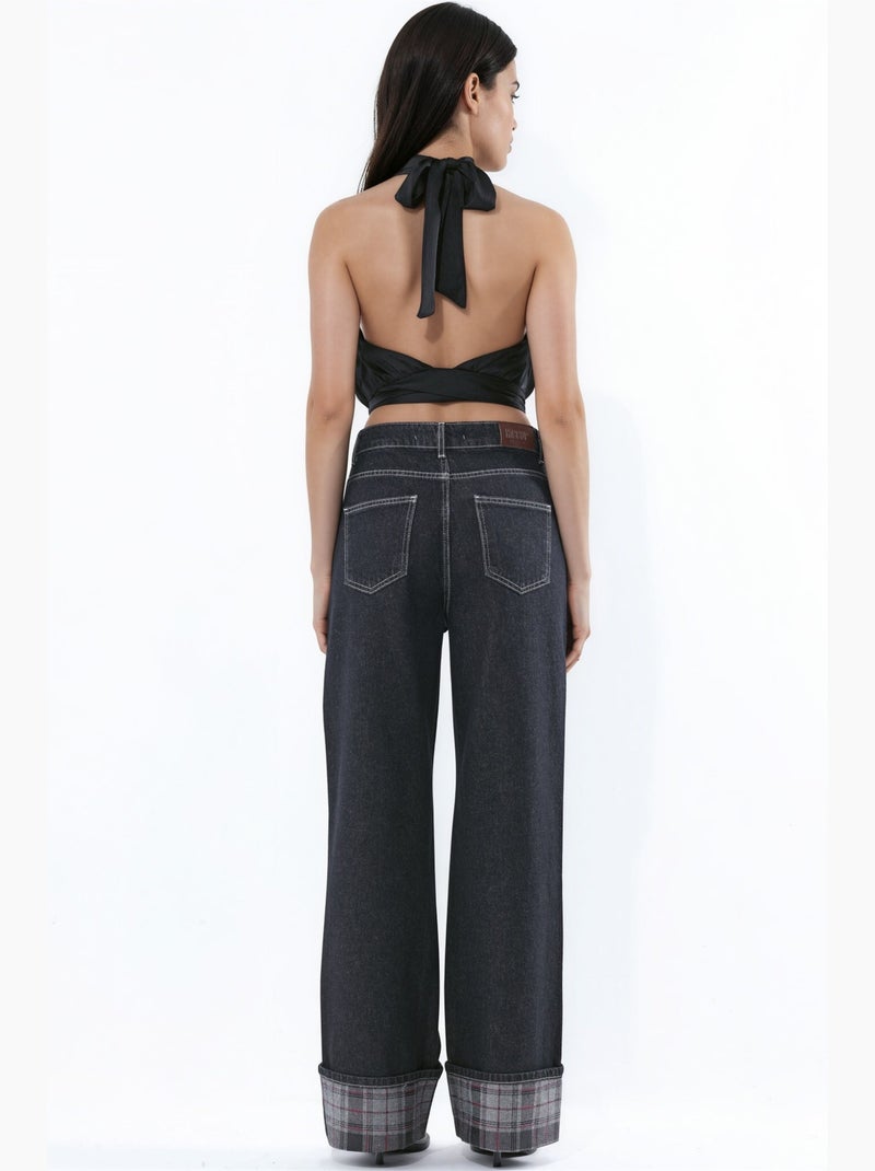 Jean taille haute à jambe large avec détail à carreaux à l’ourlet hiccup Noir - Kiabi