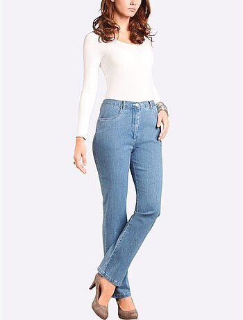 Jean femme taille haute avec ceinture élastique et poches avant - Taille courte - Moda Vilona