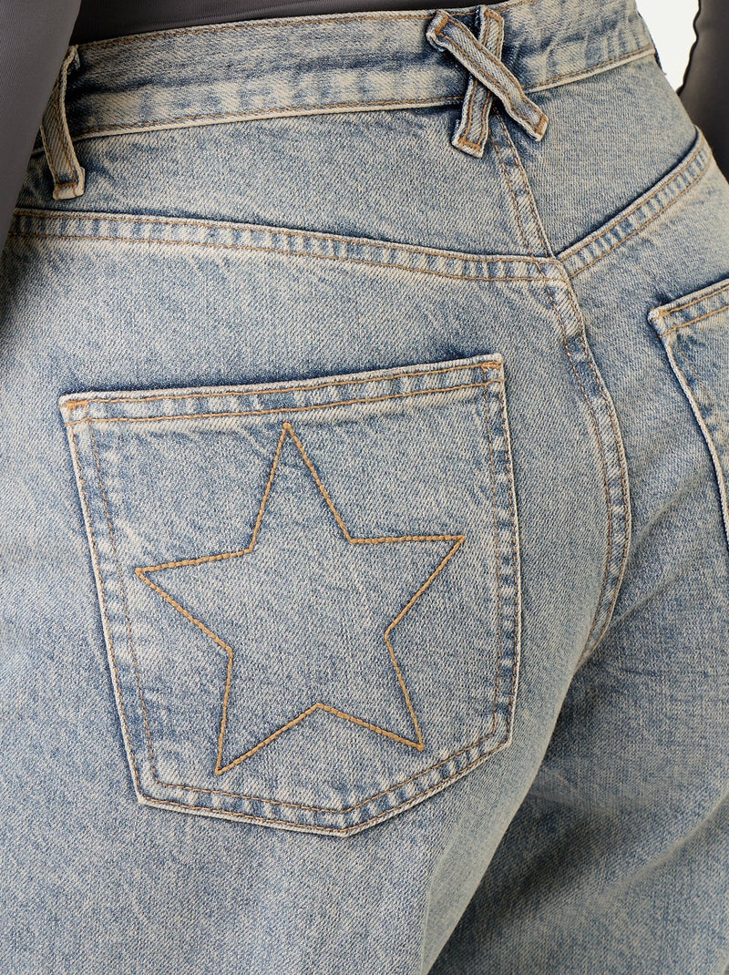 Jean wide leg avec étoiles brodées sur poches arrières Bleu - Kiabi