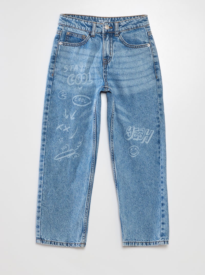Jean wide leg avec imprimé tags Denim - Kiabi
