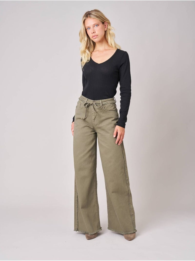 Jean wide leg femme 100% coton 'deeluxe' Vert kaki clair - Kiabi