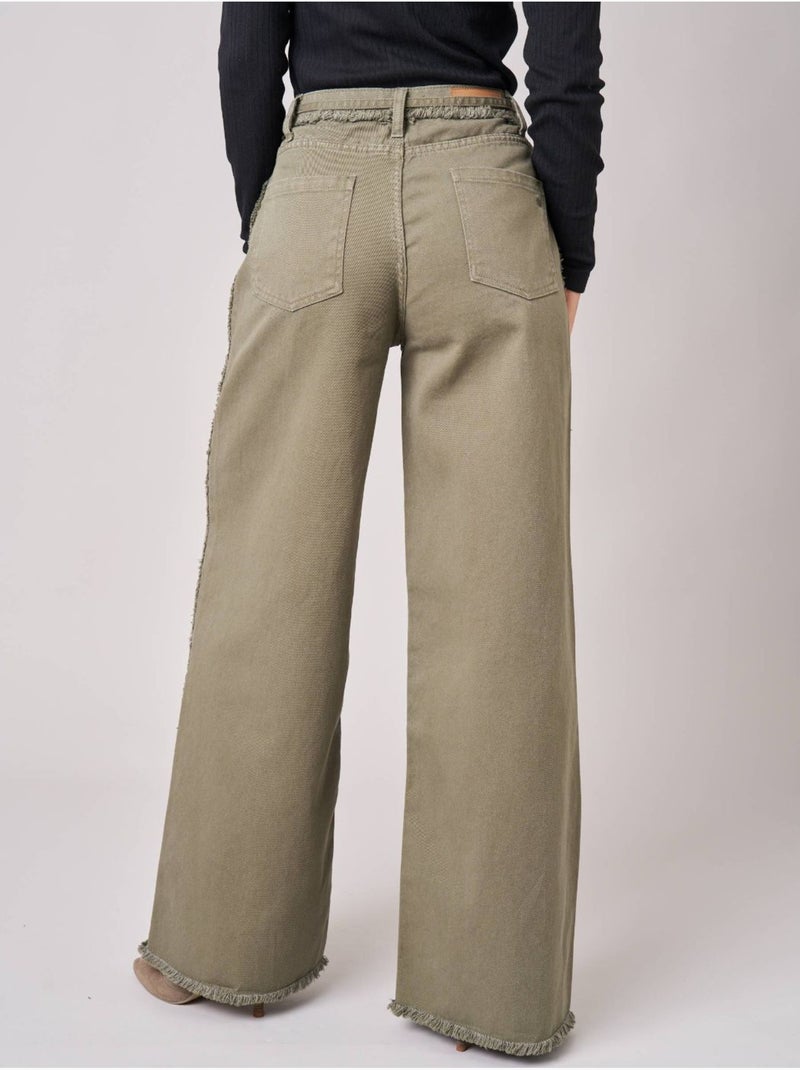 Jean wide leg femme 100% coton 'deeluxe' Vert kaki clair - Kiabi