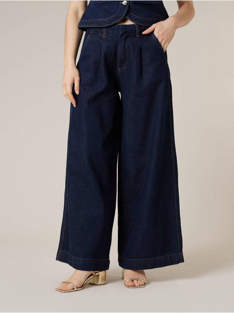 Jean wide leg femme en 100% coton 'Deeluxe' Bleu foncé - Kiabi