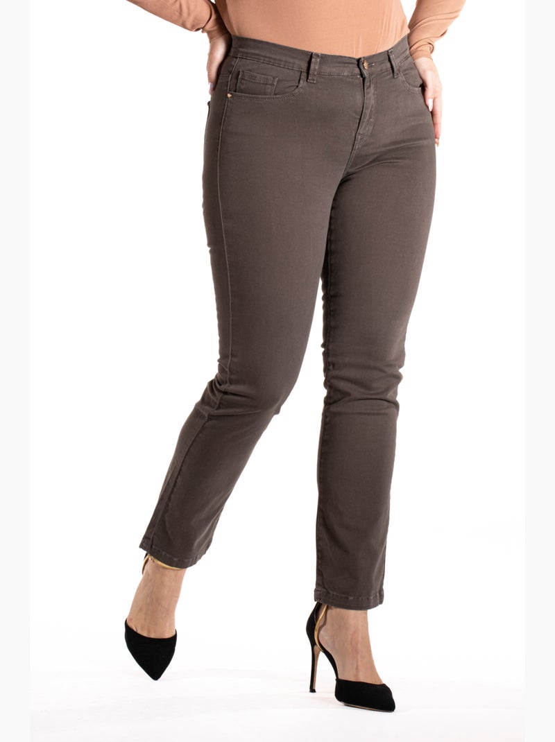 Jeans de couleur coupe droite taille haute stretch 'OBER' Marron - Kiabi
