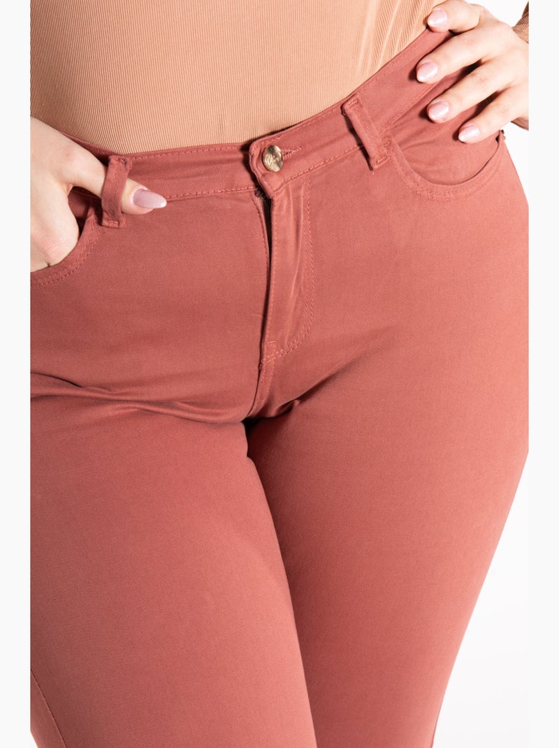 Jeans de couleur coupe droite taille haute stretch 'OBER' Rouge brique - Kiabi