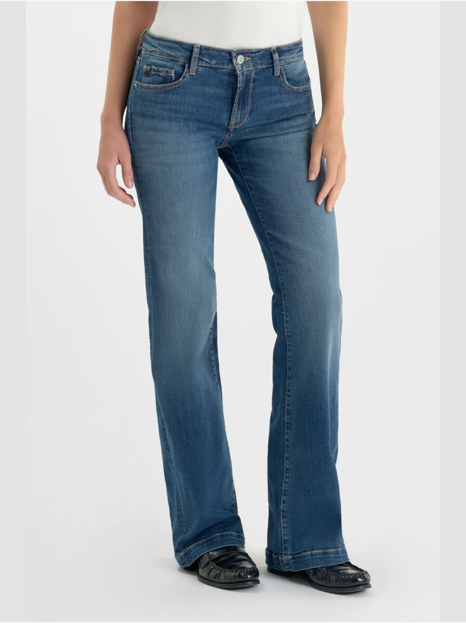 Jeans Flare Vintage Bleu Le Temps Des Cerises - Coupe évasée, Toile Italienne Stretch, Bouton Turquoise - 5