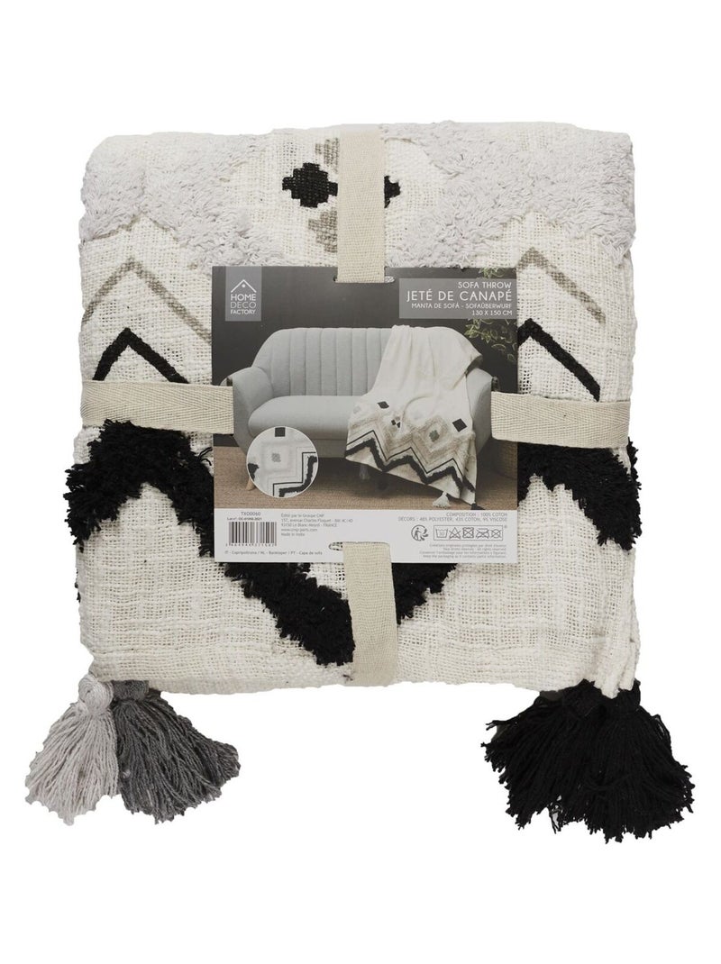 Jeté de canapé avec pompons design ethnique Blanc - Kiabi
