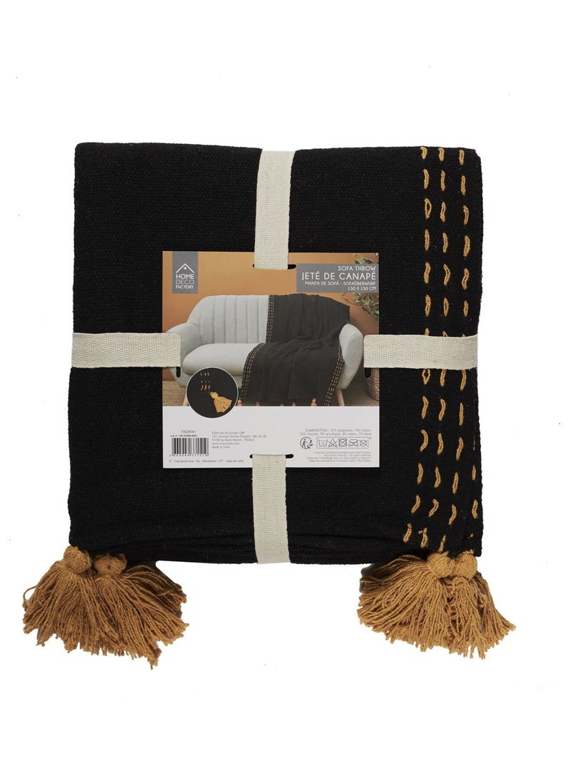 Jeté de canapé surpiqué avec pompons Noir - Kiabi