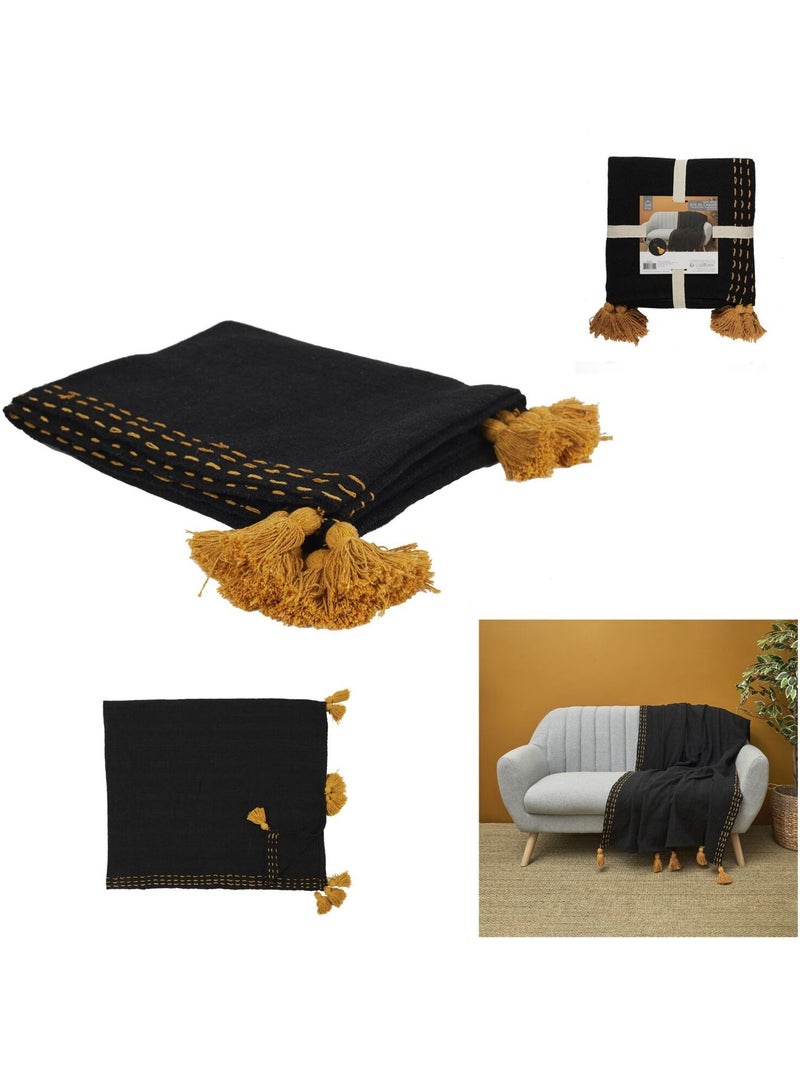 Jeté de canapé surpiqué avec pompons Noir - Kiabi