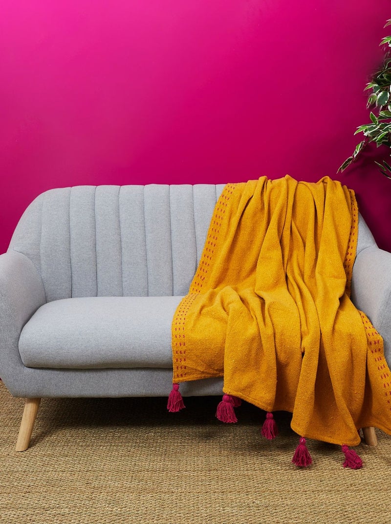 Jeté de canapé surpiqué avec pompons Orange - Kiabi