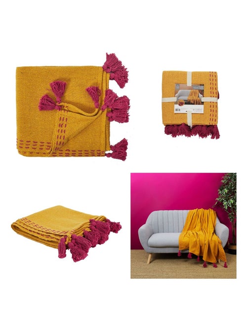 Jeté de canapé surpiqué avec pompons - Kiabi Jeté de canapé surpiqué avec pompons - Kiabi