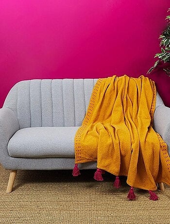 Jeté de canapé surpiqué pompons jaune 130x150 cm