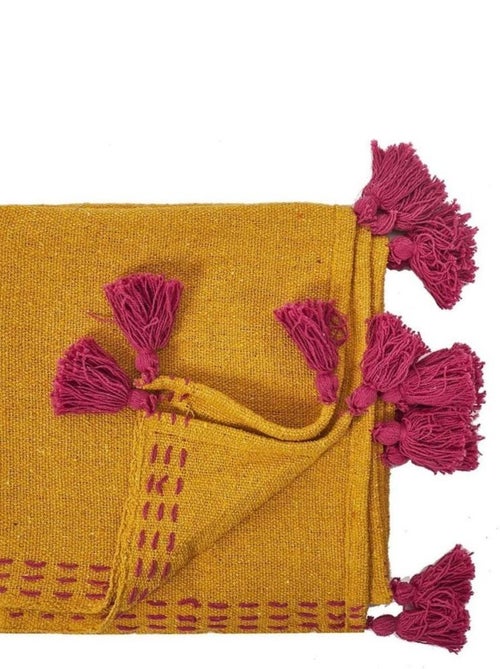 Jeté de canapé surpiqué pompons jaune 130x150 cm - Kiabi