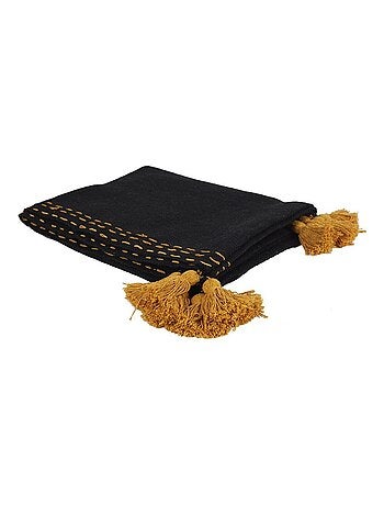 Jeté de canapé surpiqué pompons noir 130x150 cm