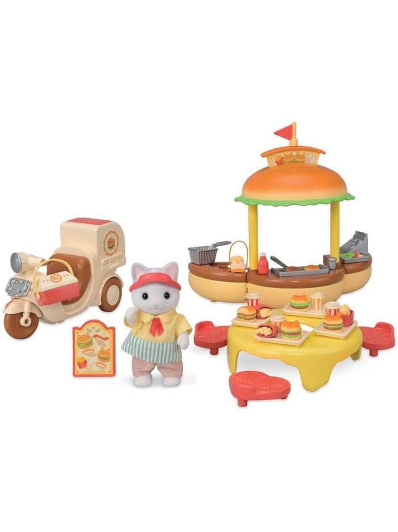 Jeu de restauration - sylvanian families - stand de hamburgers - papa chat latté et scooter Marron - Kiabi