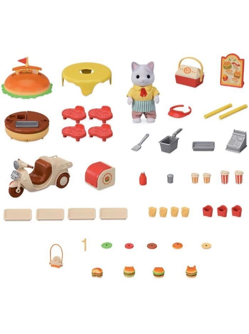 Jeu de restauration - sylvanian families - stand de hamburgers - papa chat latté et scooter Marron - Kiabi