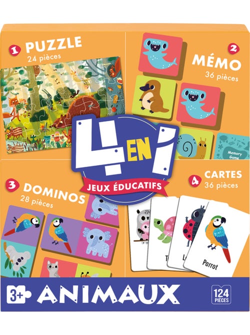 Jeu éducatif 4 en 1 Mémo / Puzzle / Domino et Cartes - Kiabi Jeu éducatif 4 en 1 Mémo / Puzzle / Domino et Cartes - Kiabi