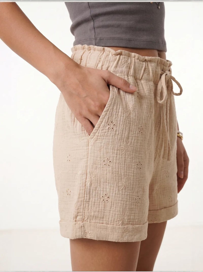 Joli mini-short taille haute à cordon de serrage avec détail de bordure istanbul Beige argile - Kiabi