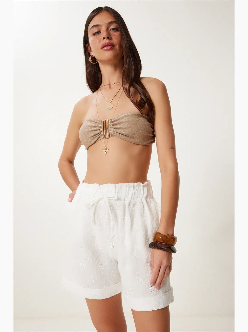Joli mini-short taille haute à cordon de serrage avec détail de bordure istanbul Blanc - Kiabi