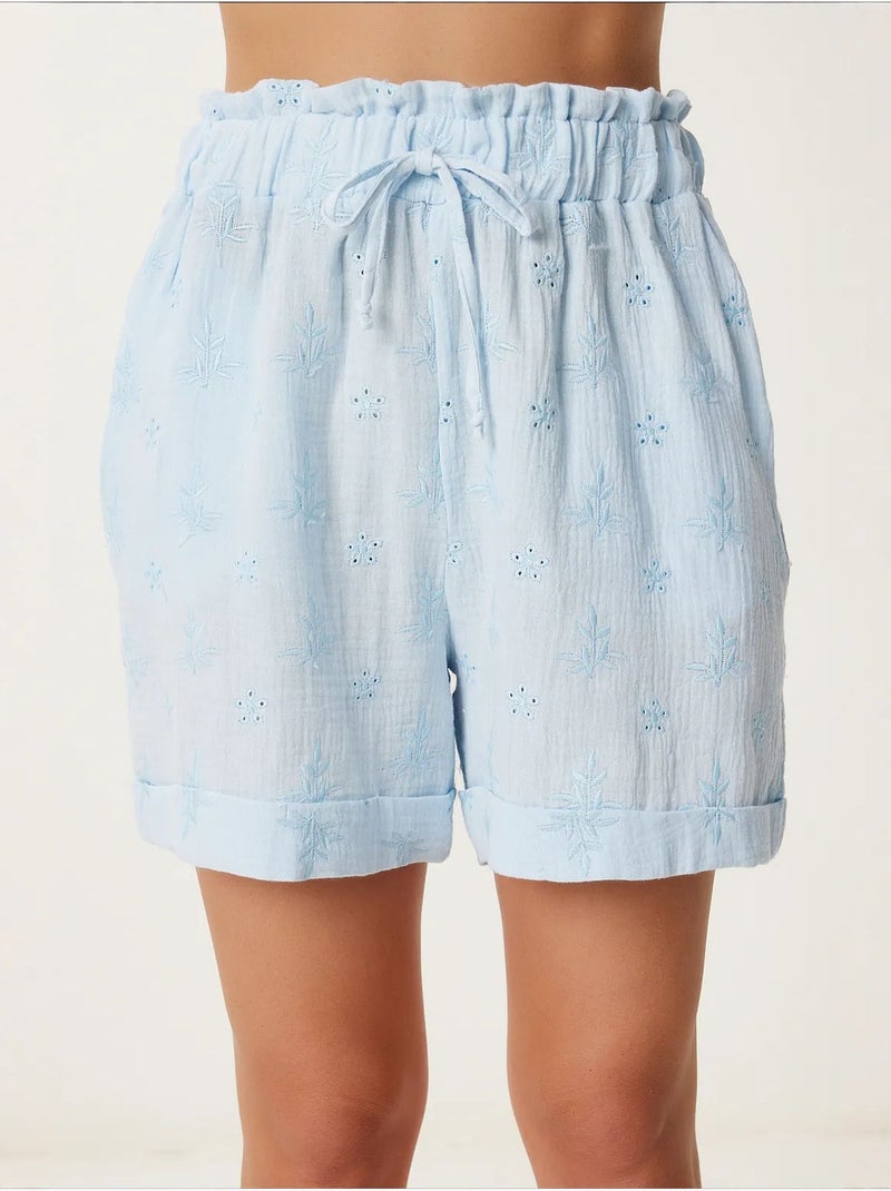 Joli mini-short taille haute à cordon de serrage avec détail de bordure istanbul Bleu ciel - Kiabi