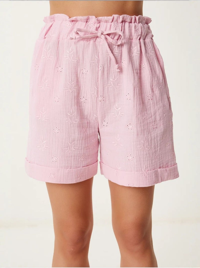 Joli mini-short taille haute à cordon de serrage avec détail de bordure istanbul Rose dragée - Kiabi