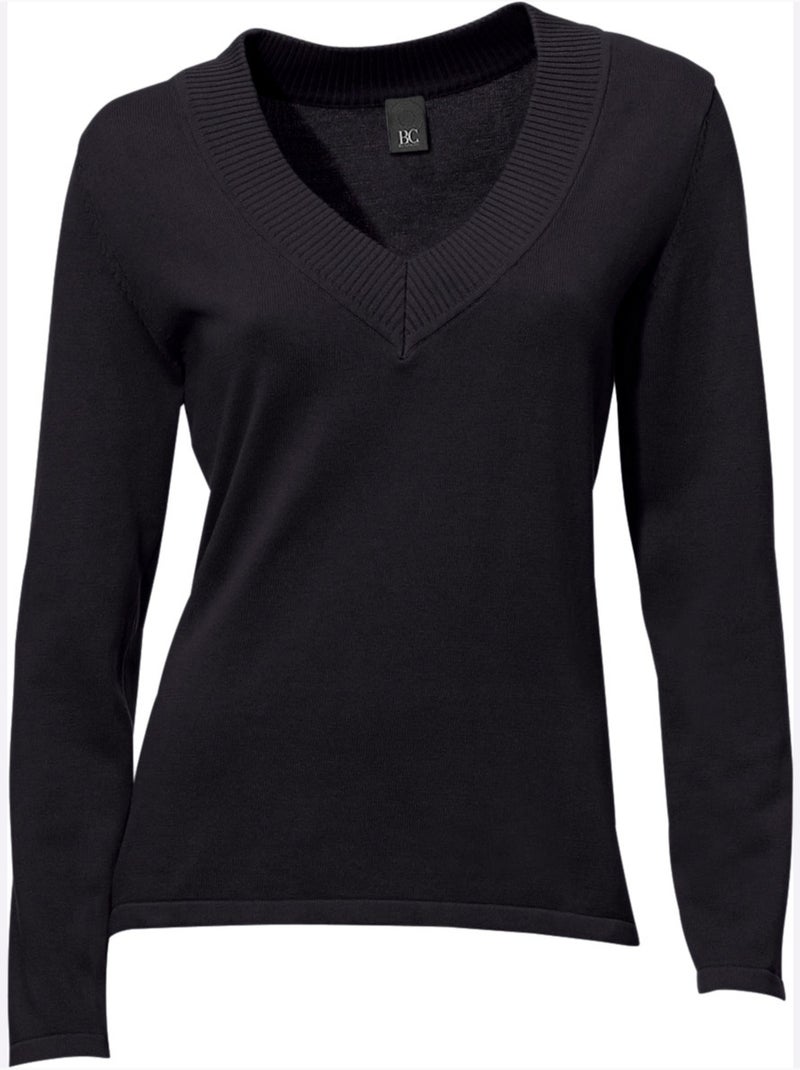 Joli Pull Basique à Encolure En V - Taille Standard - Helline Noir - Kiabi