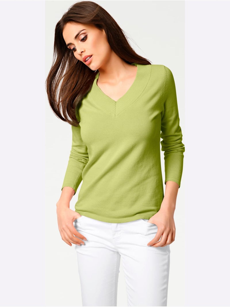 Joli Pull Basique à Encolure En V - Taille Standard - Helline Vert kiwi - Kiabi