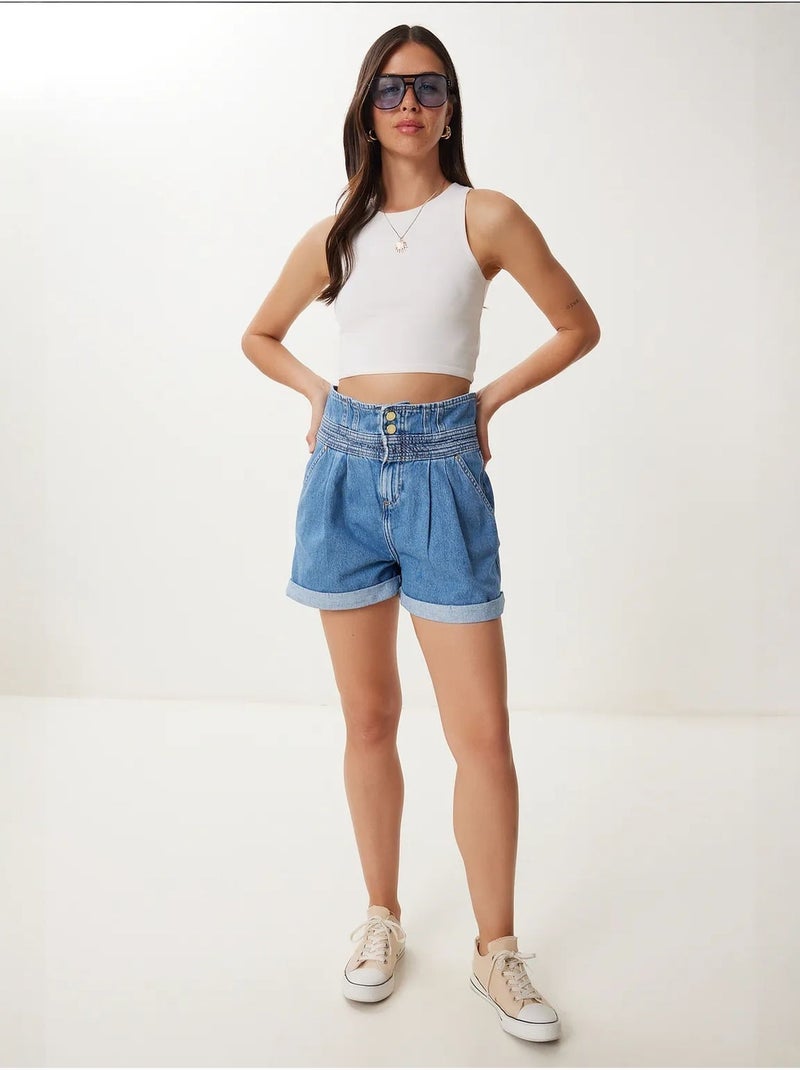 Joli short en jean taille haute avec poches istanbul Bleu pastel - Kiabi
